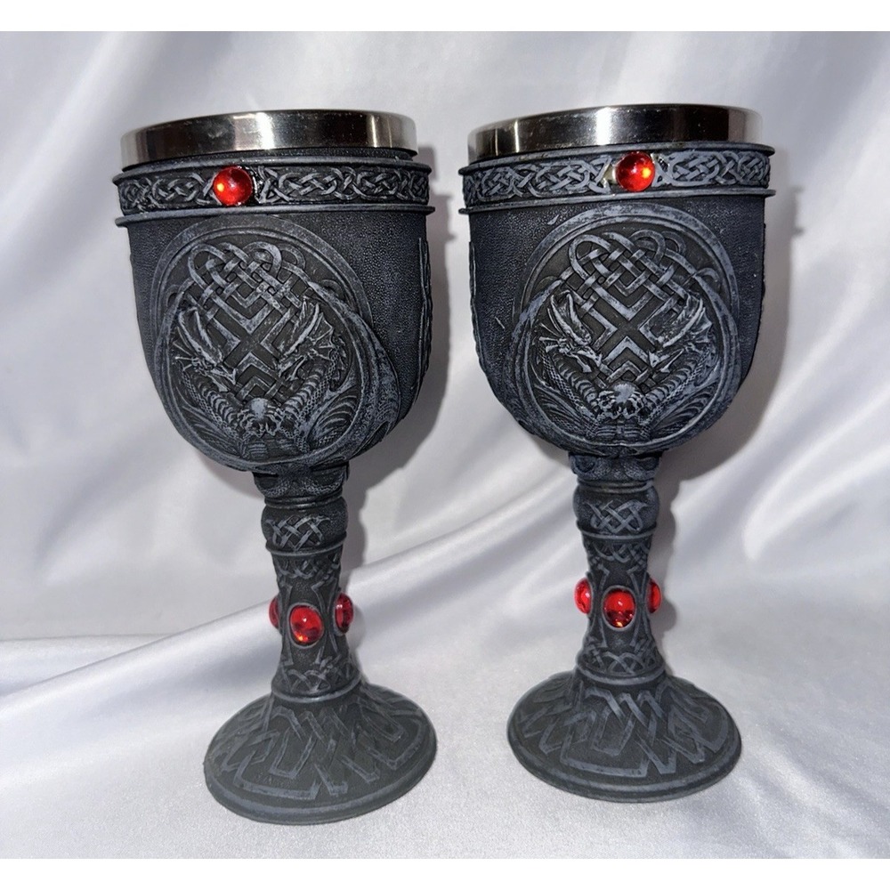 Pacific Giftware Celtic Dragon Wine Goblets Set of 2 Resin Stainless Steel liner